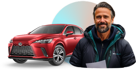 A vehicle inspector in front of a red car