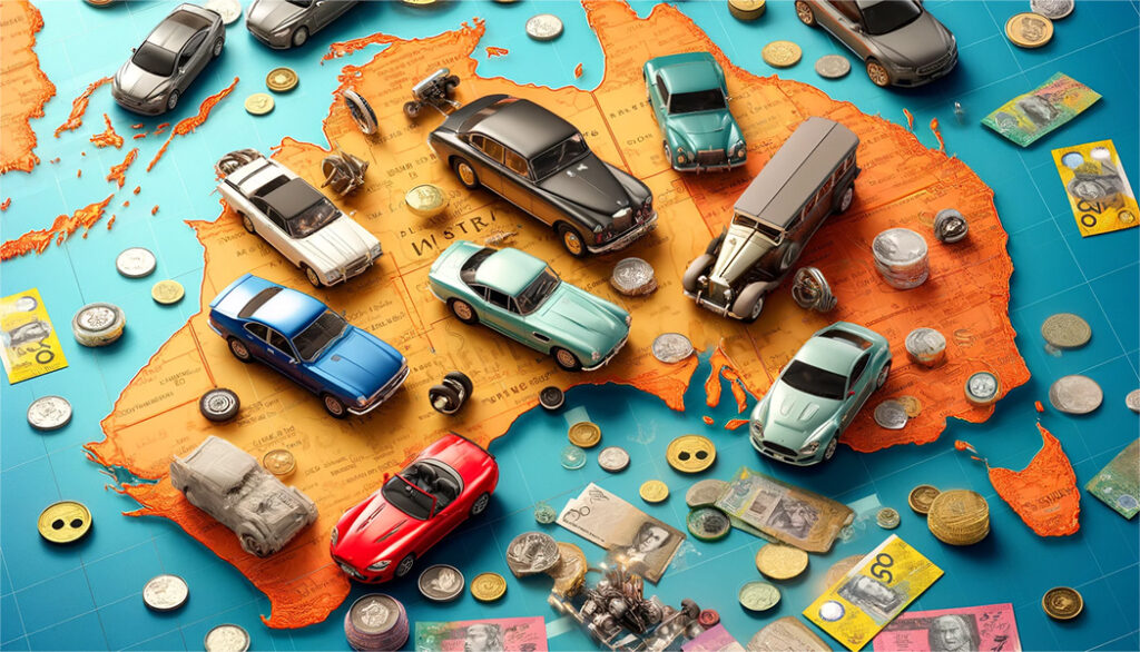 Artwork of a toy cars and money on top of an Australian map