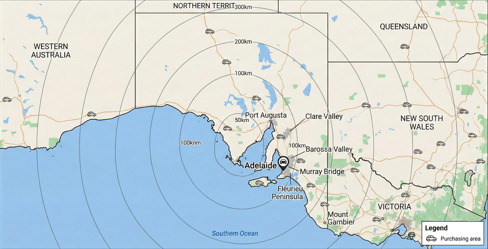 Adelaide vehicle buying service area map