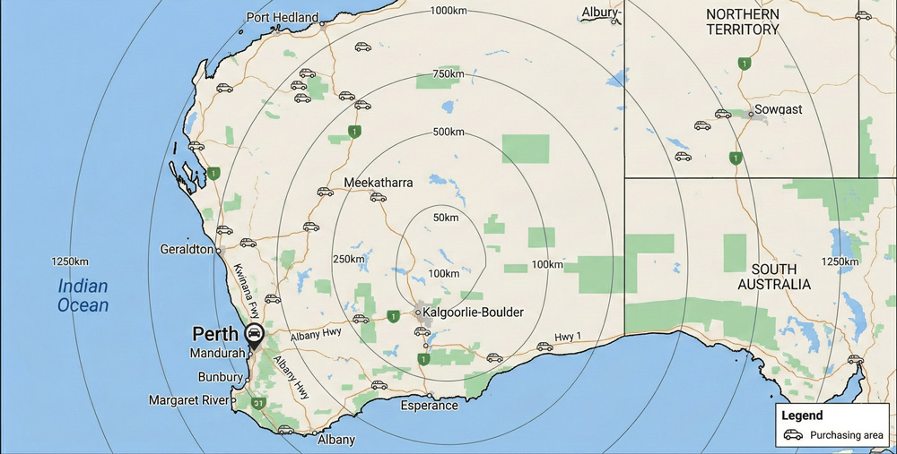 Perth vehicle buying radius map