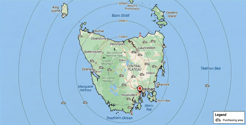 Tasmania vehicle buying service area map