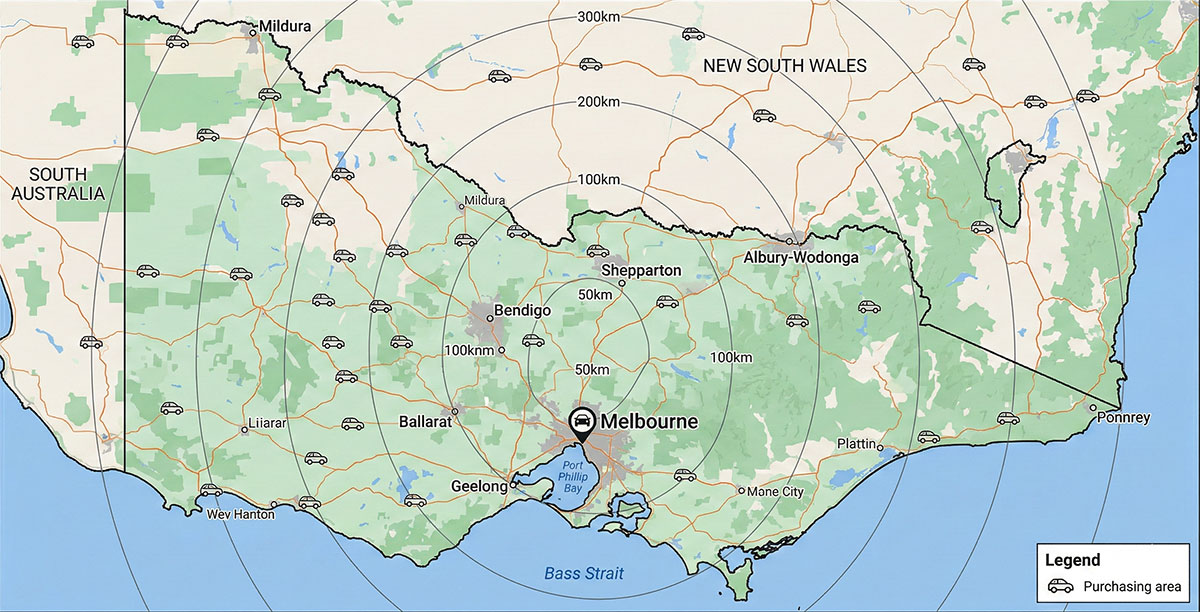 Victoria vehicle purchasing radius map