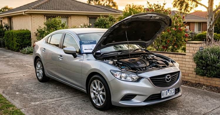 A silver Mazda 6 sedan with its hood open, parked in a driveway in front of a house.