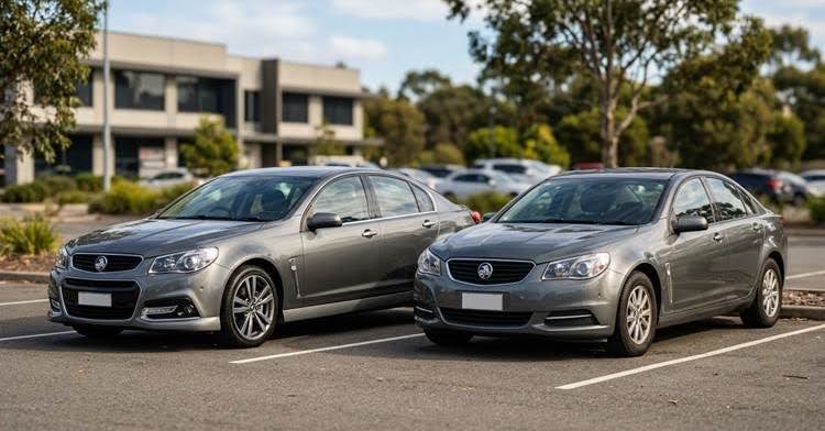 Two gray sedans parked side-by-side in a parking lot with buildings and trees in the background.